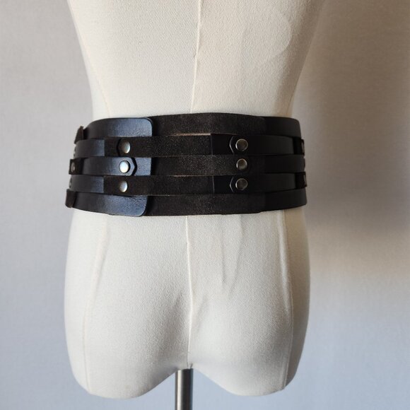 ETCETERA Genuine Leather Wide Waist Belt Studded Buckle Brown